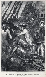Löydettiin Kanadasta: Jacques Pierre de Taffanel de la Jonquiere (1685-1752) ranskalaisen laivaston upseeri ranskalaisen "" Le serieux" -aluksen johdossa vastusti viittä englantilaista alusta. Piirustus Sahib. Kaiverrus 1800-luvun lopulta kirjassa "La nouv