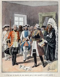 Löydettiin Kanadasta: Louis de Buade, Frontenacin kreivi (1622-1698) otti vastaan Massachusettsin siirtokunnan englantilaisen kuvernöörin (1651-1695) William Phipin lähettiläs ja vastasi hänelle: "" Aseideni suulla minä vastaa herrallesi"