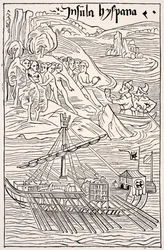 Santo Domingon löytö, Insula Hyspana, Christopher Columbus, Epistola Christoferi Colomin puukaiverruksen faksimile, Paul Lacroix -pubin Science and Literature in the Middle Ages. Lontoo 1878