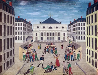 Viinin jakelu Place de lOdeonissa Pariisissa, n. 1805-1810 (wc paperilla)
