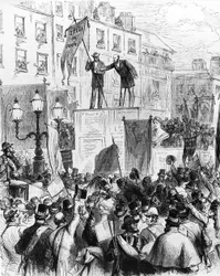 Dublin – Daniel OConnellin syntymän satavuotisjuhlat: herra Sullivan kansanedustaja, saarnaa ihmisiä Sackville Streetillä, Le Monde Illustrésta, 1875