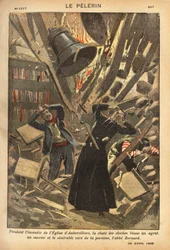 Aubervilliersin kirkon tulipalon aikana kellojen putoaminen vahingoitti erästä agenttia, yhtä työntekijää ja seurakunnan työntekijää. Kaiverrus lehdessä "Le pelerin" 29/04/1900. Selvan kokoelma.
