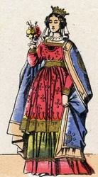 Kapetsialaisten dynastia: Adelen tai Alixin tai Alice de Champagnen (1140-1206) muotokuva, Louis VII dit le Jeunen (1120-1180) vaimon Ranskan kuningatar. Epinaalikuvaus 1800-luvun lopulta. Yksityinen kokoelma.