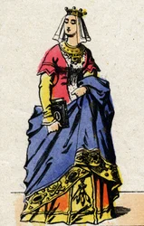 Valois-dynastia: Charlotte de Savoien (1441-1483) muotokuva Ranskan kuningattaresta, Ranskan Ludvig XI:n vaimo, joka tunnetaan nimellä Varovainen (1423-1483). Epinaalikuvaus 1800-luvun lopulta. Yksityinen kokoelma.