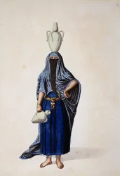 Egyptiläinen nainen kantoi Ibrik-vesipottia, luultavasti Cousinery, ottomaanien aika, 1700-luvun kolmas neljännes (wc paperilla)
