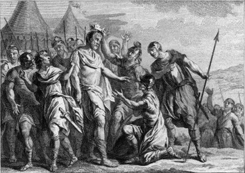 Merovechin valinta saalilaisten frankkien johtajaksi vuonna 448. Ensimmäisenä merovingikuninkaana hän hallitsi vuoteen 458. Kaiverrus 1700-luvulta.
