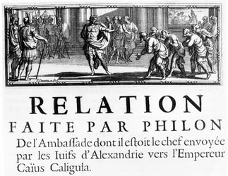 Philon suurlähetystö Rooman keisarille Gaius Caligulalle, luvun otsikkokuva julkaisusta "Juutalaisten sota roomalaisia ​​vastaan", Flavius ​​Josephus, julkaistu Pariisissa, 1688
