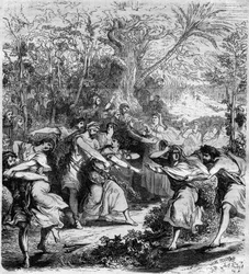 Keisari Nicephorus III Botaniates (1001-1081), Bysantin keisari vuosina 1078-1081, sieppasi nuoret pojat ja tytöt. Maurice Lachatren kaiverrus "Histoire des Papes-Rois-Queen and Empereurs a travers les centuries"