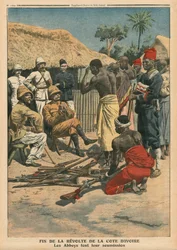 Norsunluurannikon kapinan loppu, luostarit antautuvat komentaja Noguesille, kuvitus Le Petit Journalin kuvaliitteestä, 15. toukokuuta 1910.
