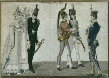 Englantilaiset puvut, kuvitus Le Bon Genrestä, 1800-luvun alku (värikaiverrus)