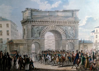 Liittoutuneiden saapuminen Pariisiin Porte Saint Martinin toimesta 31.3.1814 Kuningas Ludvig XVIII:n (1755-1824) paraatissa. Vedos vuodelta 1814. Paris, Musee Carnavalet