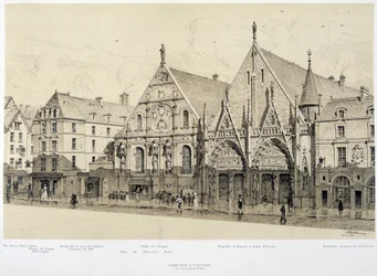 Sisäänkäynti Hotel-Dieu-hotelliin (Hotel Dieu), rue du Marche Palu, vuonna 1590 - "Pariisissa aikojen läpi", 1800-luvun loppu