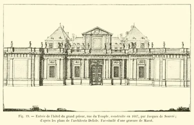 Sisäänkäynti grand priorin hotelliin rue du Temple, jonka Jacques de Souvre rakensi vuonna 1667; arkkitehti Delislen suunnitelmien mukaan Faksimile Marotin kaiverruksesta