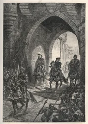 Ranskan kuninkaan Charles VI:n rakastetun (1368-1422) saapuminen Pariisiin Maillotinsin kapinan murskaamisen jälkeen vuonna 1382 - Ranskan kuningas Charles Vi palaa Pariisiin - Charles VI le Bien-Aimen (1368) pääruoka -1422), Ranskan kuningas, Pariisissa s