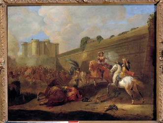 Episode de la Fronde vuosina 1648-1652: kahden ratsumiehen taistelu, faubourg Saint Antoine Bastillen vastariven seinien alla. Ranskalaisen koulun maalaus. 17. vuosisata. Aurinko 0,5x0,72 m
