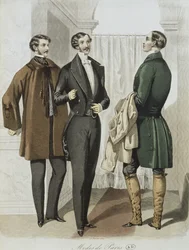 Iltapuku, kuvitus Le Journal des Tailleursista, 16. helmikuuta 1851 (värikaiverrus)
