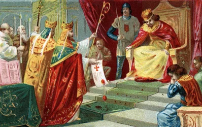 Robert II hurskaan erottaminen vuonna 998”. Ranskan kuningas, Hugues Capetin poika, rakastuu ja menee naimisiin serkkunsa Berthen kanssa Burgundiasta huolimatta paavi Gregoire V:n epäluottamuksesta, joka myös luovuttaa hänet. 1800-luvun lopun kromolitograf