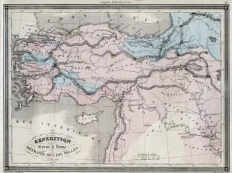 Cyrus Nuoren retkikunta (5. vuosisata eKr.) ja kymmenen mailin vetäytyminen - Levy poimittu Vuilleminin ""Universaalista antiikin ja modernin maantieteen atlassta asuinkouluille" - noin. 1845