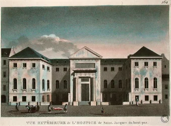 Ulkokuva Hospice Saint-Jacquesista, n. 1800 (värillinen kaiverrus)
