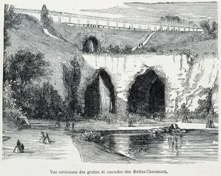 Ulkonäkymä Buttes Chaumontin kaskadeista ja luolista, kaiverrus 1800-luku