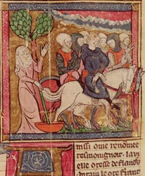 F.288r Ferdinand Portugalilainen (1186-1233) Flanderin kreivi, vangittu Pariisiin Bouvinesin taistelun jälkeen, 27. heinäkuuta 1214, Grandes Chroniques de France, 1375-1379