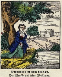 Fables de La Fontaine: mies ja hänen kuvansa. Kuva Epinalista, 1800-luvun ensimmäinen puolisko.