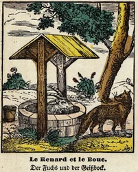 Fables de La Fontaine: kettu ja hyvä. Kuva Epinalista, 1800-luvun ensimmäinen puolisko