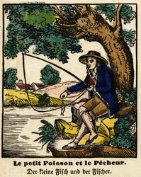 Fables de La Fontaine: pieni kala ja kalastaja. Kuva Epinalista, 1800-luvun ensimmäinen puolisko.