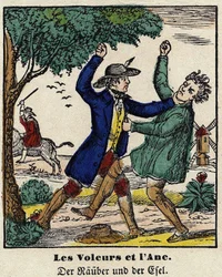 Fables de La Fontaine: varkaat ja aasi. Kuva Epinalista, 1800-luvun ensimmäinen puolisko.
