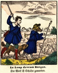 Fables de La Fontaine: sudesta tuli paimen. Kuva Epinalista, 1800-luvun ensimmäinen puolisko.