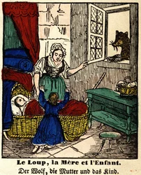 La Fontainen tarinoita: susi, äiti ja lapsi. Kuva Epinalista, 1800-luvun ensimmäinen puolisko