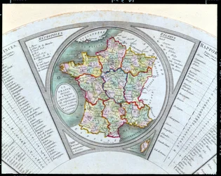 Tuuletin, joka kuvaa Ranskan karttaa jakautuneena 9 alueeseen, 10 metropoliin ja 83 departementtiin, 1790