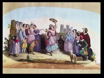 Viuhkasuunnittelu, joka kuvaa kohtauksen La Esmeraldasta, Louise-Angelique Bertinin (1805-77) oopperasta Victor Hugon (1802-85) romaanin jälkeen n. 1836