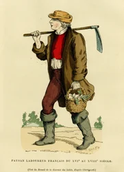 Talonpojan puku 1600-luvulta 1700-luvulle. Värikaiverrus Chevignardin piirustuksen mukaan, Augustin Challamelin teoksessa "Ranska ja ranskalaiset kautta vuosisatojen", toimittanut F. Roy, Pariisi 1882. Selvan kokoelma.