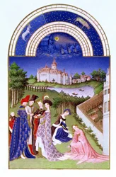 Faksimile huhtikuulta: Limbourgin veljien hovihahmot linnan alueella Tres Riches Heures du Duc de Berrystä (alkuperäinen katso 8436)