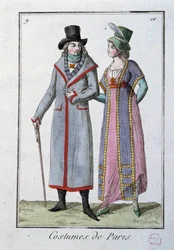 Muotia Directorien alla: pari eleganttia pariisilaista. Nimetön litografia vuodelta 1795. Pariisi, pukumuseo