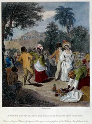 Mustien ihmisten juhla Saint Vincentin saarella (Keski-Amerikka, Antillit). Kaiverrus 1800-luvulta. Chartres, taidemuseo