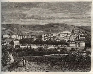 Figeac - Lot, Midi-Pyreneiden alueella - kaiverrus "La France illustree: maantiede, historia, tilastohallinto" V.A. Maltaanruskea. 1884