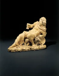 Figuuri Bacchuksesta makuuasennossa viinilasillisen kanssa, n. 1770