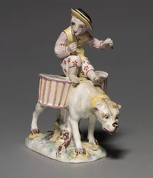 Apina koiran päällä, valmistaja Mennecy-Villeroy Factory, Ranska, n. 1760