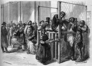 Jono Pariisin Rue du Mont-Thaborilla sijaitsevalle luukulle merkitsemään Ranskan hallituksen vuonna 1864 liikkeeseen laskemaa kolmensadanviidentoista miljoonan kansallista lainaa. Kaiverrus julkaisussa ”Le Monde illustré”, nro 355, 30. tammikuuta 1864.