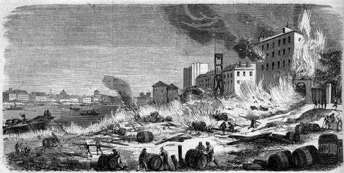 Bercyn viinivarastojen tulipalo 5. elokuuta 1860. Kaiverrus "" Le Monde Illustré" -julkaisussa nro 174, 11. elokuuta 1860.