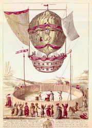 Kuumailmapallon ensilento 22. joulukuuta 1783 Defsessebrukissa (Wales) (litografia)