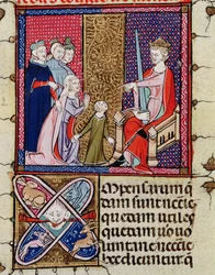 Fol.11v Lapsi ja hänen äitinsä tuomarin edessä, Justinianista Fortiatumista