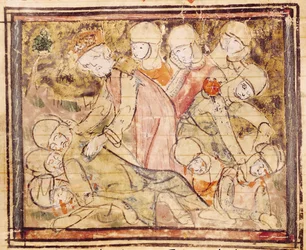 Fol.136v Kuinka Charlemagne (742-814) löysi Rolandin kuolleena, Grandes Chroniques de Francesta, 1375-79