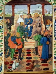 Fol.185v Charles VII (1403-61) antaa asiakirjan Jean de Bueil (1405-78) Jeanne d