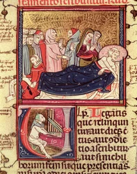 Fol.195v Kuoleva mies sanelemassa tahtoaan Justinianista Fortiatumista