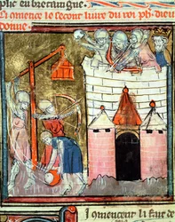 Fol.261v Chateau de Chinonin piiritys, Grandes Chroniques de Francesta, 1375-79