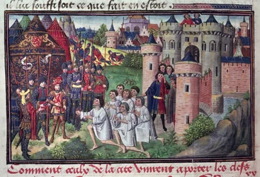 Fol.286v Kuinka Babylonin asukkaat antoivat kaupungin avaimet Aleksanteri Suurelle (356-323 eKr.) Jean Vauquelinin käsikirjoituksesta, Histoire du Grand Alexandre, 1460