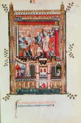 Fr 2091 fol.129 Sisinnius antaa käskyt St. Denisille ja hänen eteensä tuoduille tovereilleen Vie de St. Denisistä, 1317